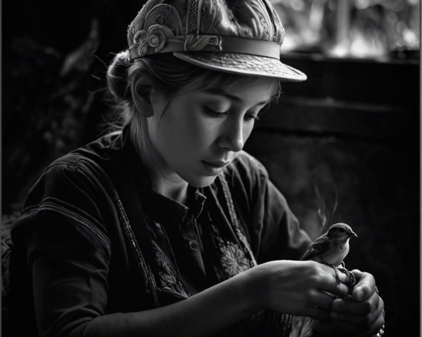 Young woman in vintage cap holding a small bird