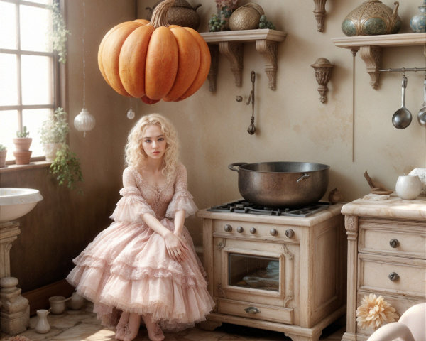 Vintage Kitchen with Woman in Pale Pink Gown and Pumpkin