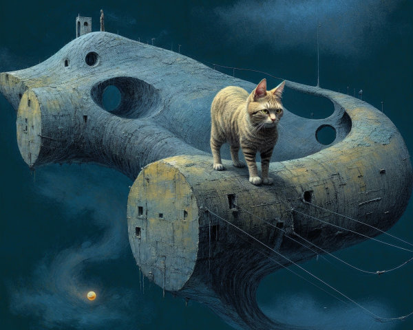 Surreal Landscape with Twisted Bridge and Cat