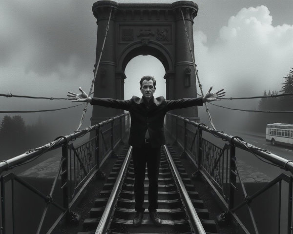 Monochromatic Scene on a Suspended Bridge with Clouds