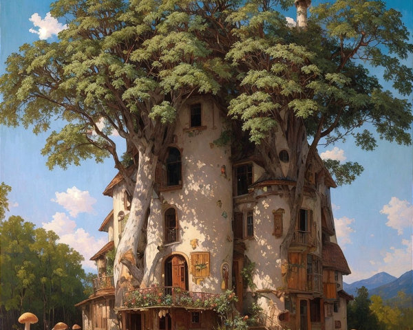 Whimsical Treehouse Surrounded by Lush Greenery