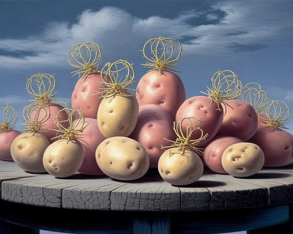 Whimsical Still Life of Sprouting Potatoes on Table