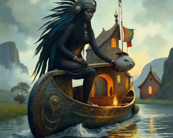 Majestic figure in ornate boat on calm waters