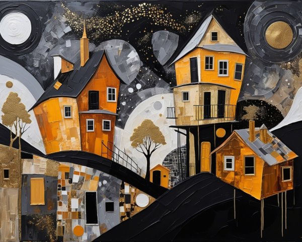 Abstract Painting of Whimsical Angular Houses