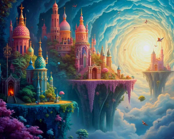Floating Islands with Ornate Buildings in Dreamlike Sky