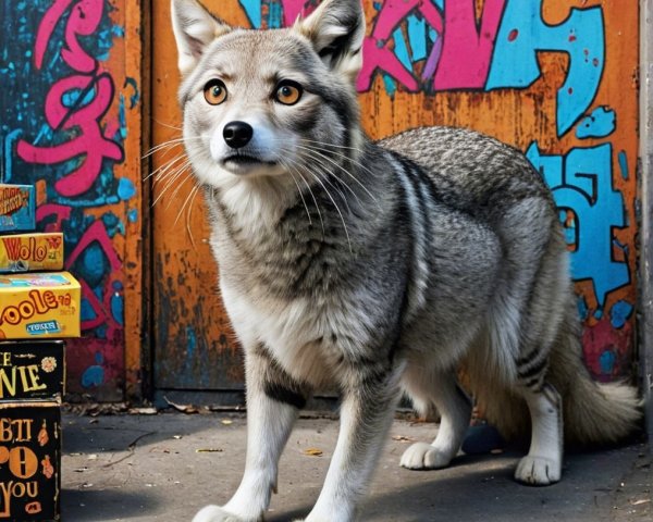 Gray Fox Against Vibrant Graffiti Background