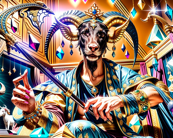 Majestic Ram-Headed Figure in Opulent Room