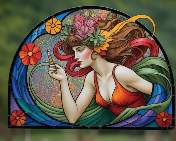 Vibrant stained glass artwork of a woman with flowers