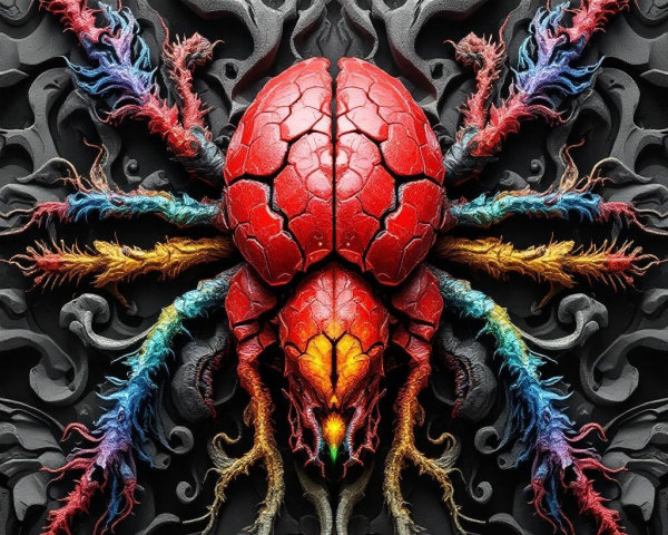 Surreal Artwork of a Colorful Spider on Dark Background