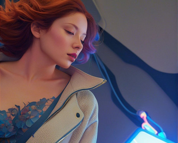Woman in Cream Jacket Against Neon Lights Background