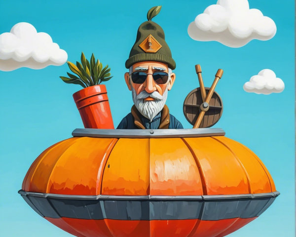 Elderly man in buoy with tools and potted plant