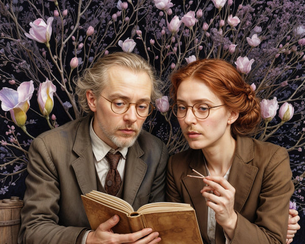 Couple in Vintage Attire Engaged with Open Book