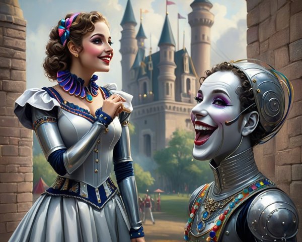 Regal Woman and Mime in Fairytale Castle Setting