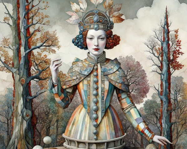 Regal figure in colorful gown amidst barren forest