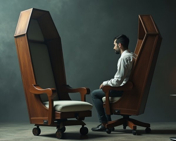 Surreal Scene with Man and Coffin-Shaped Chairs