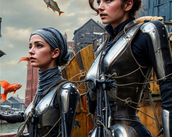 Steampunk Women in Metallic Armor with Goldfish