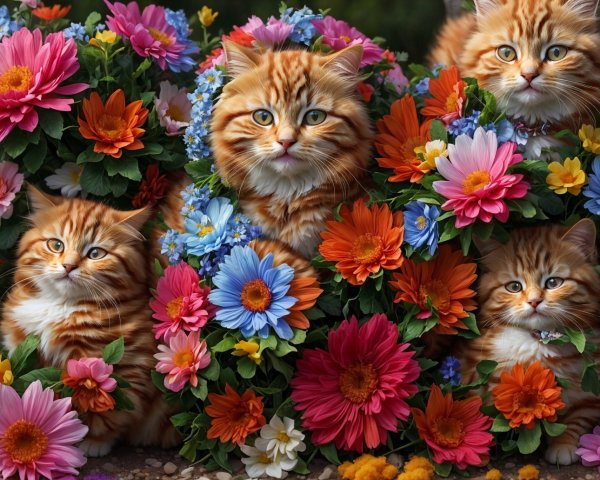 Vibrant Flowers and Orange Tabby Cats in Bloom