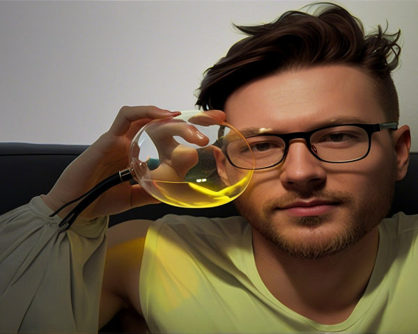 Young man with glowing orb resting on dark sofa