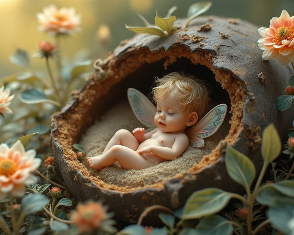Cherubic Baby in Hollow Tree Surrounded by Flowers