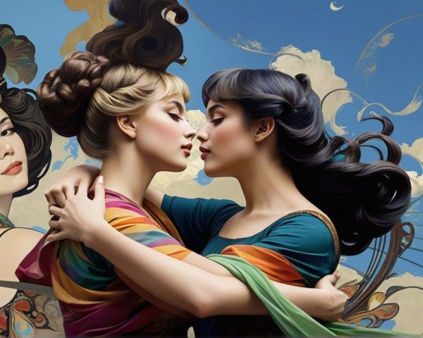 Two Women Embracing in a Dreamlike Atmosphere