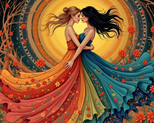 Elegant women in vibrant dresses amidst colorful flowers