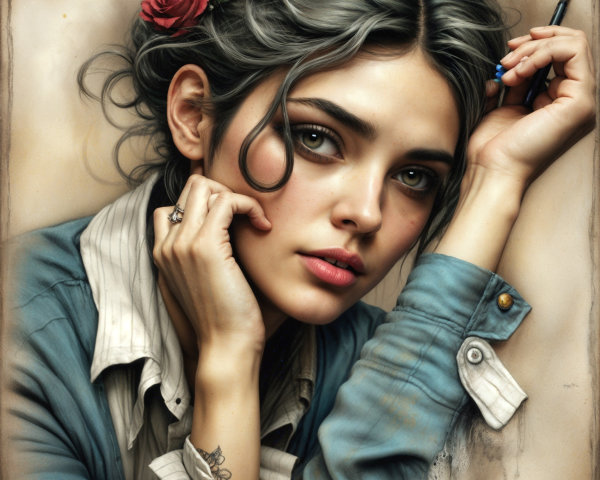 Young woman with wavy hair and red rose in casual attire