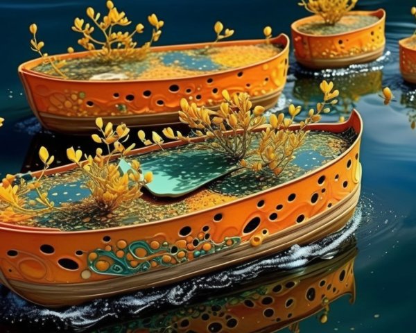 Vibrant Orange Boats on Dark Blue Water Surface