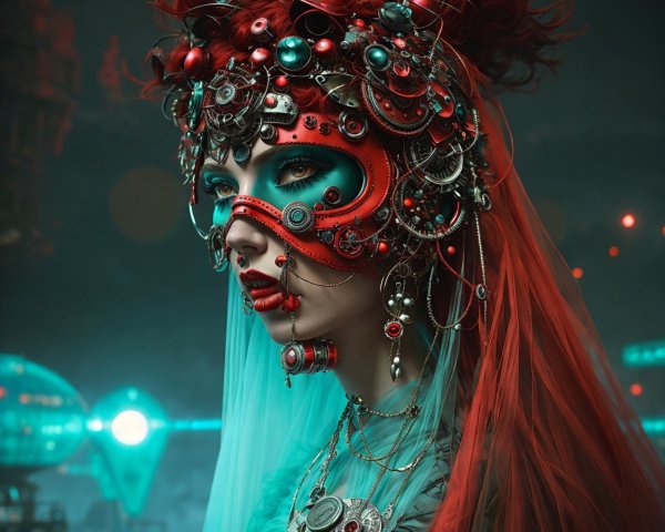 Futuristic figure with metallic headdress and bold makeup