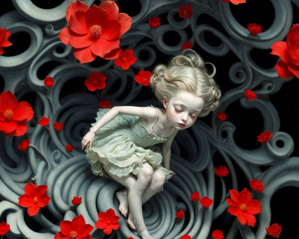 Whimsical Scene with Porcelain Figure and Flowers