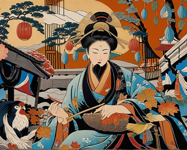 Woman in Traditional Attire in Vibrant Garden Scene