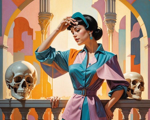 Elegant Woman in Colorful Stylized Setting with Skulls