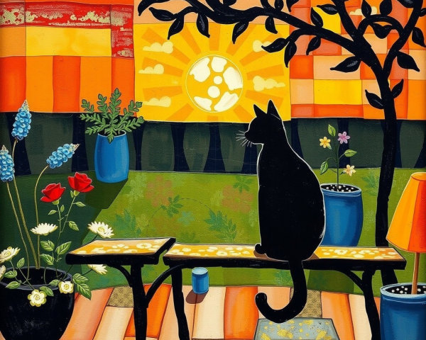 Black Cat on Bench with Colorful Sunset and Plants