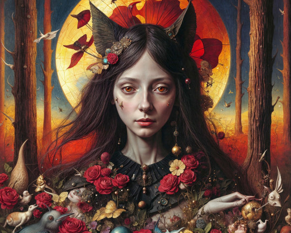 Mystical Figure Surrounded by Nature and Animals