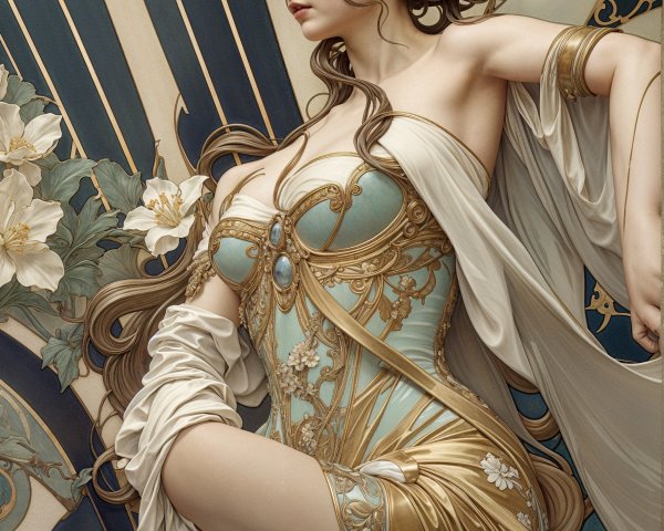 Art Nouveau Woman in Elegant Gown with Floral Accents