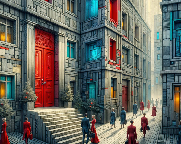 Surreal Cityscape with Colorful Buildings and Fog