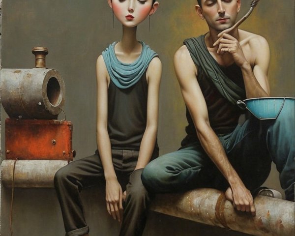 Surreal Artwork with Two Figures and Dreamlike Elements