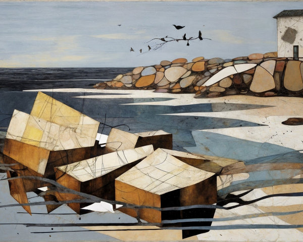 Coastal Scene with Abstract Geometric Structures