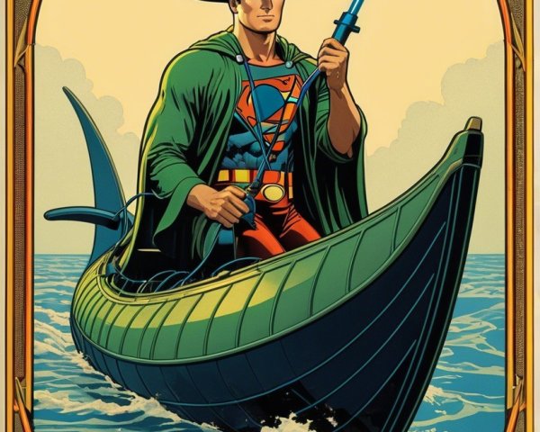 Heroic figure in cape navigating boat with glowing sword