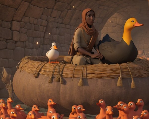 Whimsical Scene of a Woman in a Basket with Ducks