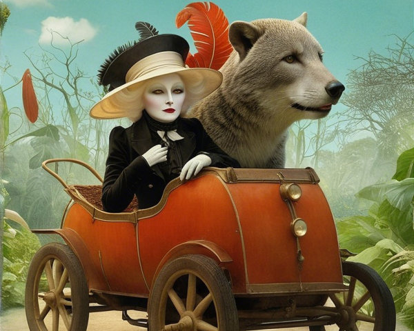 Elegant Woman in Black Dress with Wolf in Vintage Car