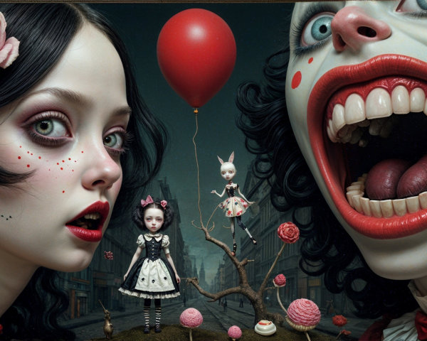 Surreal Scene of Girl and Menacing Clown with Balloon