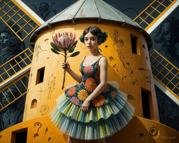 Girl in Colorful Dress by Artistic Yellow Windmill