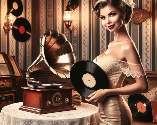 Vintage Room with Glamorous Woman and Vinyl Records