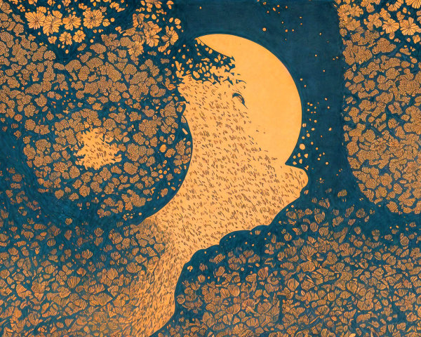 Abstract Composition of Gold and Navy Swirling Forms