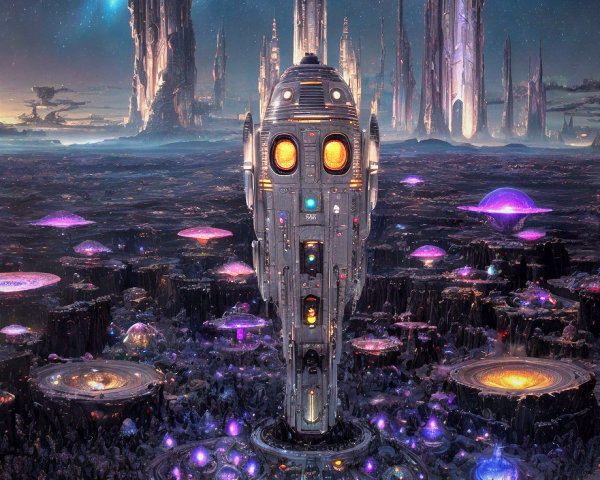 Futuristic landscape with crystalline structures and rockets