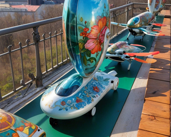 Colorful Decorative Objects on Wooden Platform with Cityscape