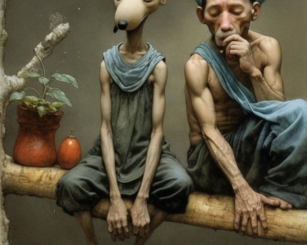 Surreal Humanoid Figures on a Gnarled Tree Branch