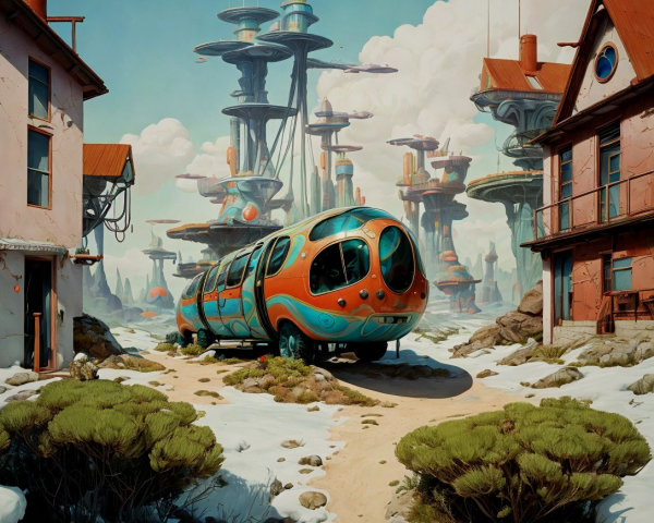 Whimsical Sci-Fi Landscape with Cartoon Vehicle and Buildings