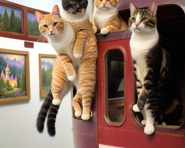 Cats Around Vintage Train Car in Cozy Room