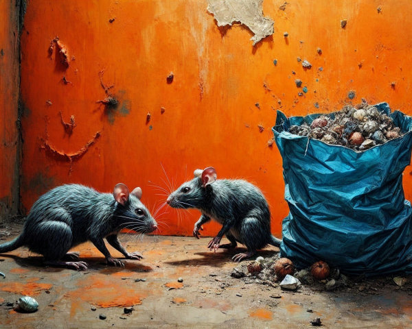 Mice Exploring a Dimly Lit Room with Trash Bag